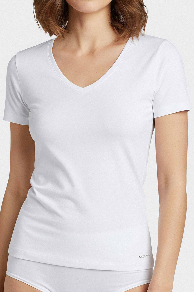 Impetus Damen Shirt Innovation mit kurzem Arm und V-Ausschnitt in Weiß
