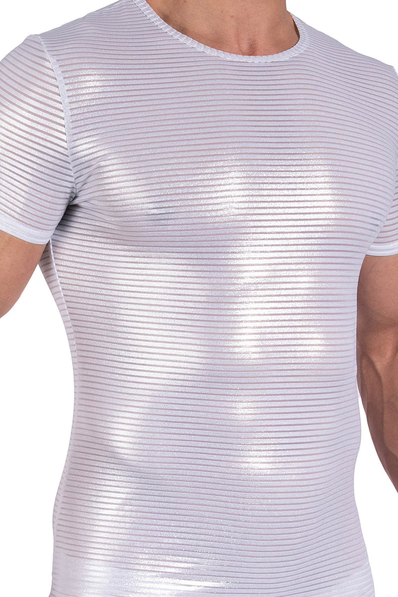 Manstore Casual Tee M2375 in weißer Streifenoptik mit Silberglanz 