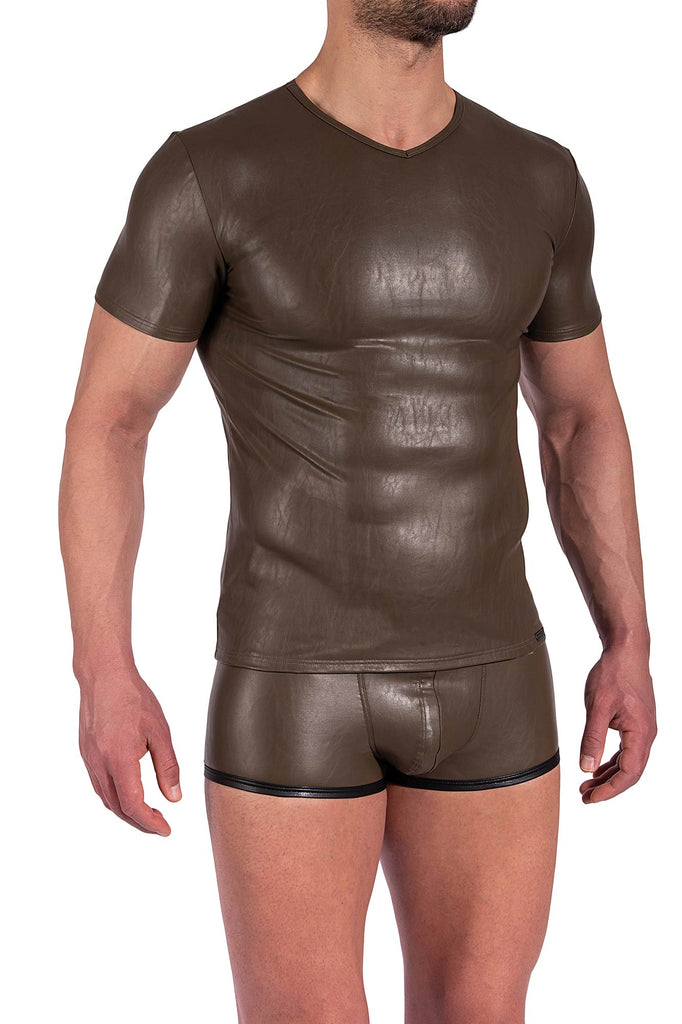Manstore V-Neck Tee M2370 aus Lederimitat in Olive