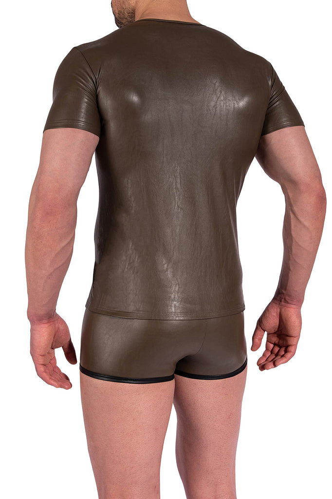 Manstore V-Neck Tee M2370 aus Lederimitat in Olive