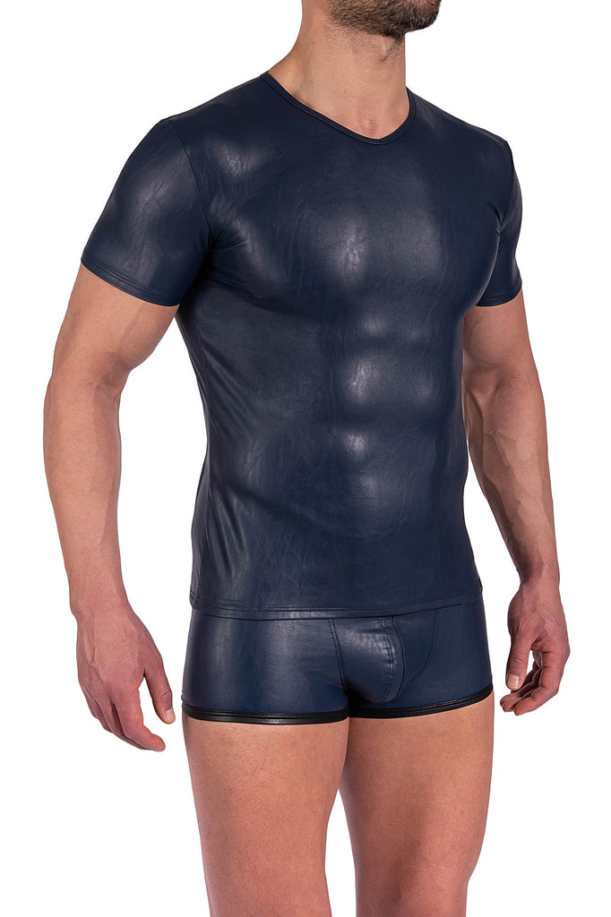 Manstore V-Neck Tee M2370 aus Lederimitat in Nachtblau