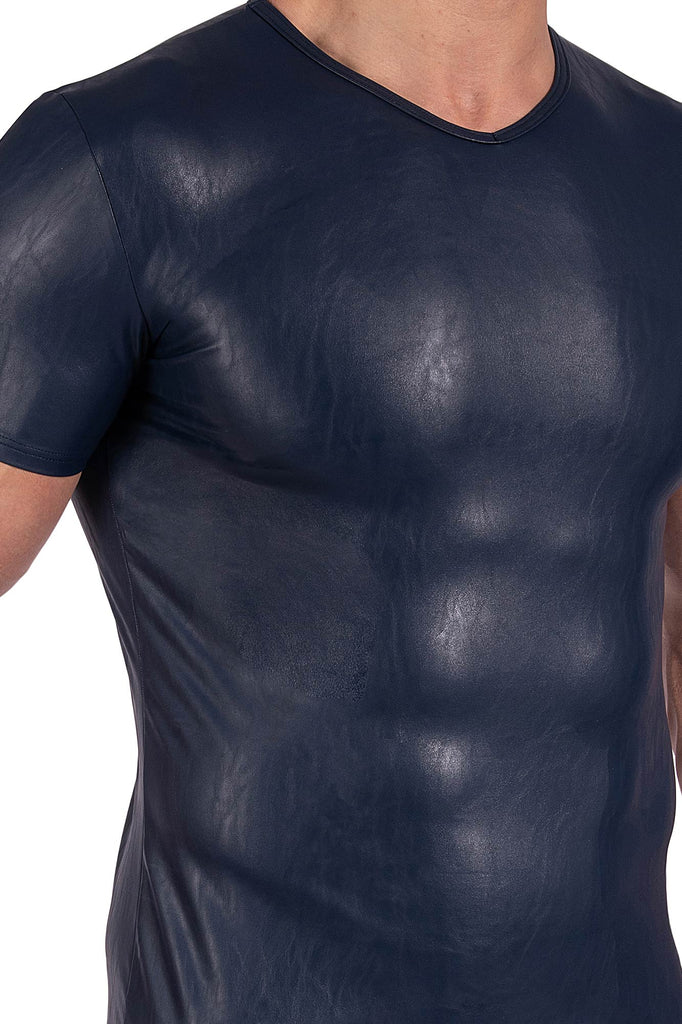 Manstore V-Neck Tee M2370 aus Lederimitat in Nachtblau