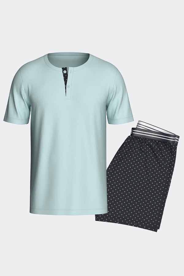 kurzärmeliger Impetus Pyjama Apex aus Baumwolle in Iceblue mit schwarzer Hose