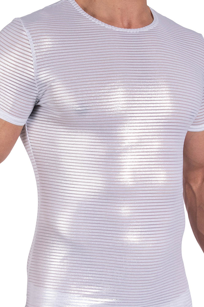Manstore Casual Tee M2375 in weißer Streifenoptik mit Silberglanz  