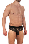 Manstore Cheeky Brief M2337 mit Gold-Barrockdruck auf schwarzem Jersey